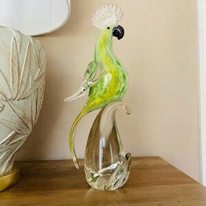 Murano Glass Cockatoo Bird Sculpture Green & Clear Art Glass 13.5" Tall